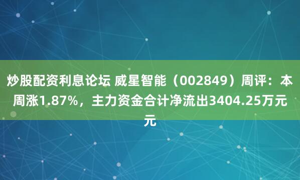 炒股配资利息论坛 威星智能（002849）周评：本周涨1.87%，主力资金合计净流出3404.25万元